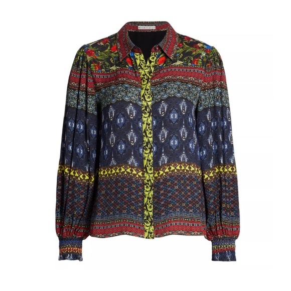 NWT Alice + Olivia Red Pattern Long Sleeve Silk Blouson Sleeve Blouse Size Small - Picture 5 of 6